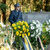 Blumengebinde stehen vor einer Gedenkstätte, daneben steht ein junger Mann in Militär-Uniform